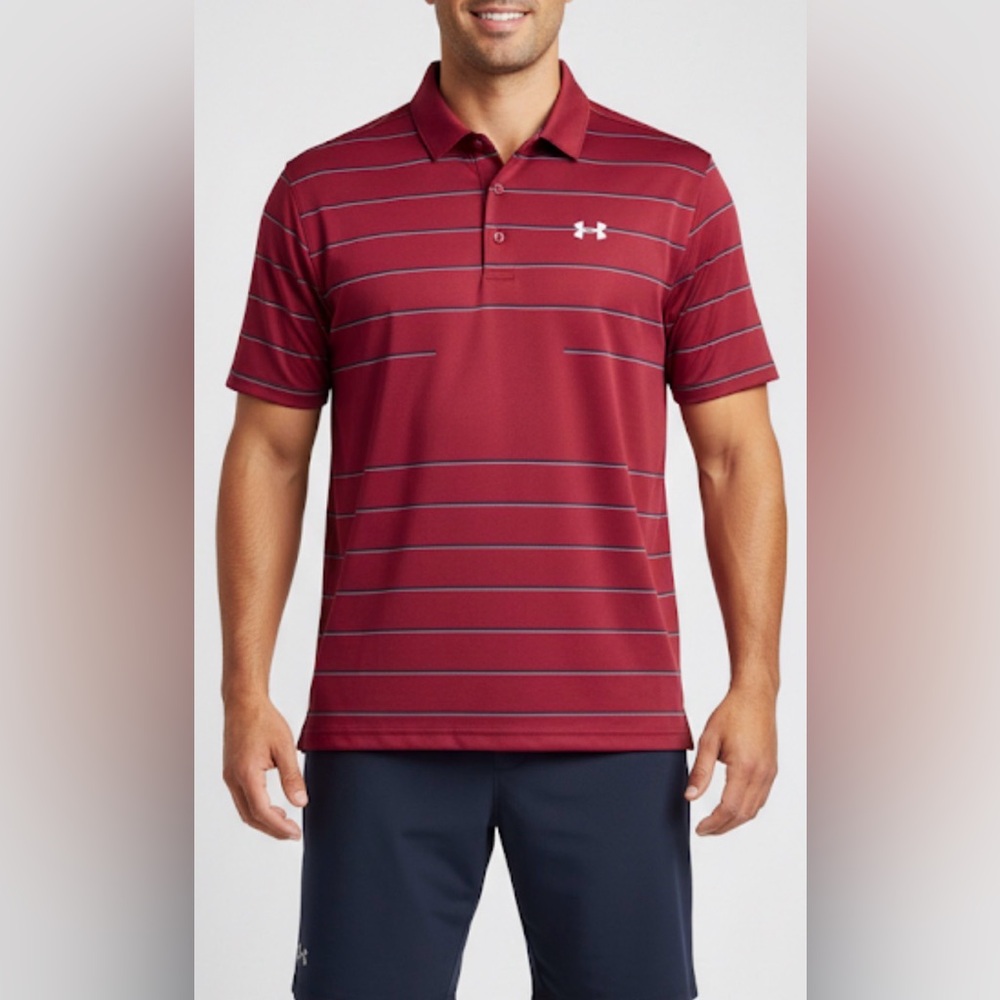 Under Armour Men's Polo Shirt  Burgundy and Blue Stripes 2XL Casual Work Office